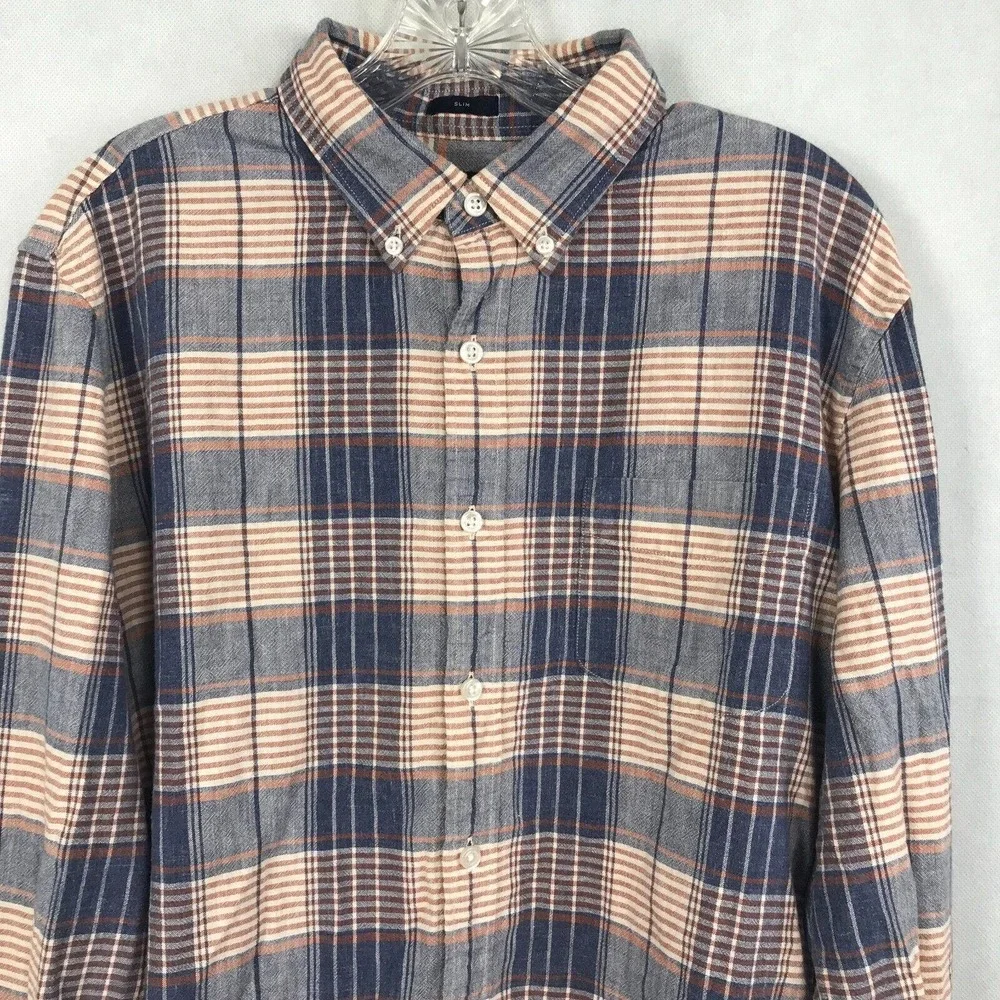 J. Crew‎ Shirt Mens Sz L Homespun Cotton Slim Fit Button Down Blue Plaid